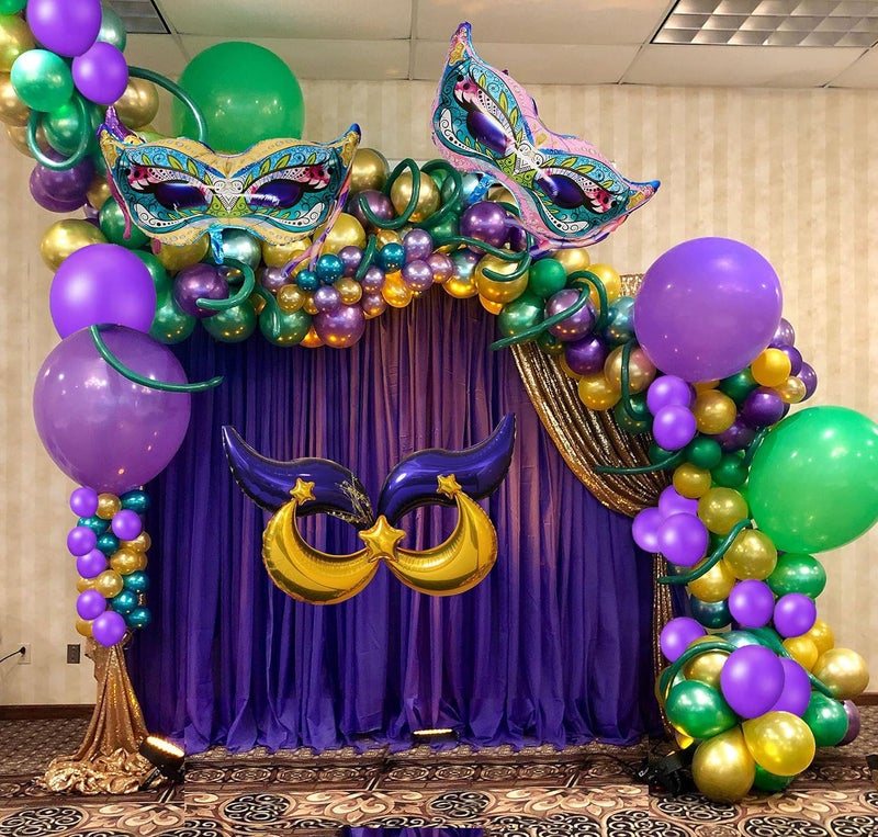 LUCKKYY Mardi Gras Balloon Garland Kit 108 PCS Purple Green Gold Balloons Mask Sign Foil Balloons for Mardi Gras Masquerade New Orleans Party - Image 1